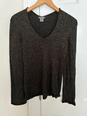 Ann Taylor Black Metallic V-Neck Long Sleeve Top